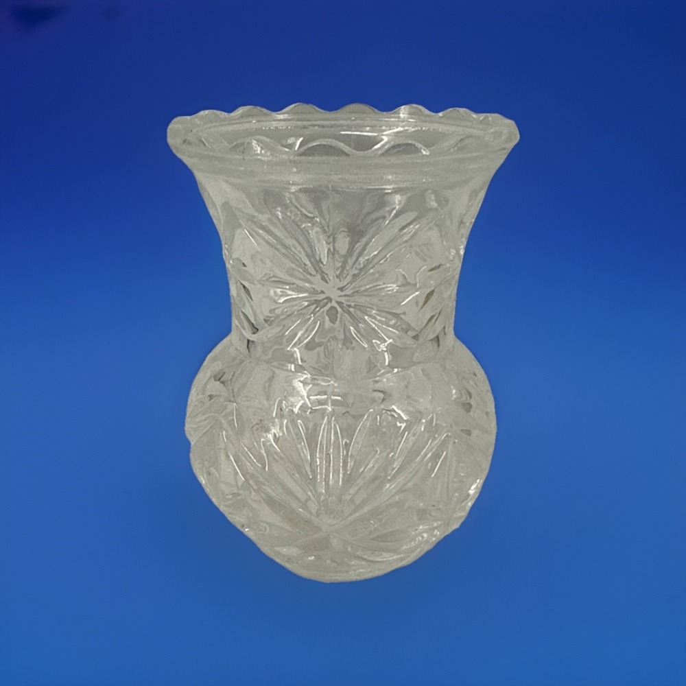 Saw Tooth Design Small Vtg Cut Glass Vase Hand Cut Detailed 3" Tall